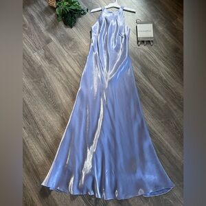 Vintage 90s Geary Roark Kamisato Iridescent Periwinkle Satin Halter Gown Sz 10